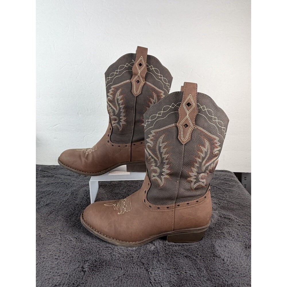 Rollda Kids Cowboy Boots Size 4 Brown Embroidered Western Pull On Square Toe